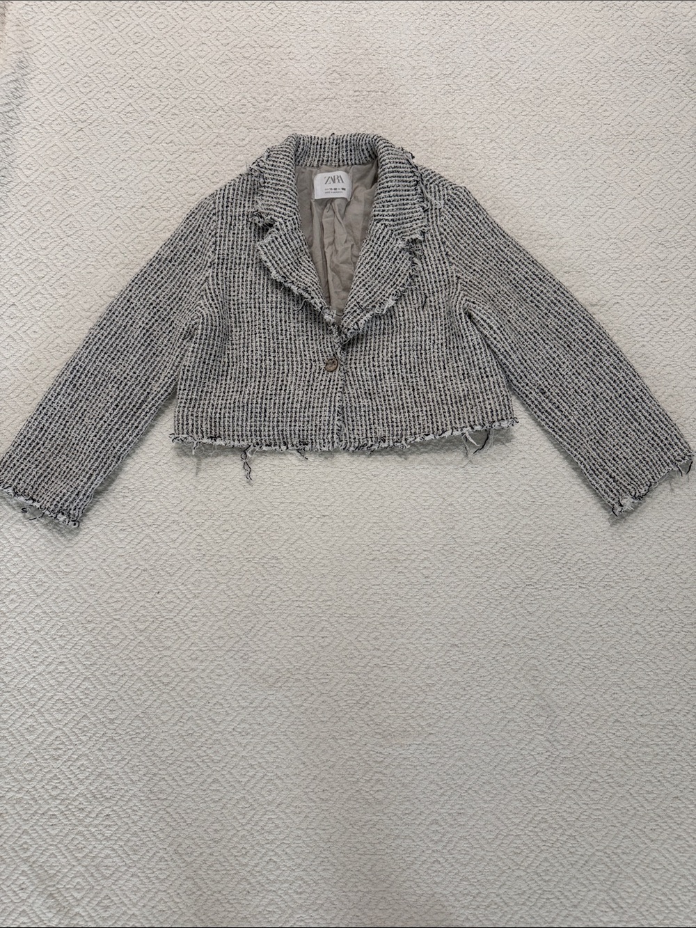 ZARA Kids Gray Cropped Tweed Jacket with Frayed Trim